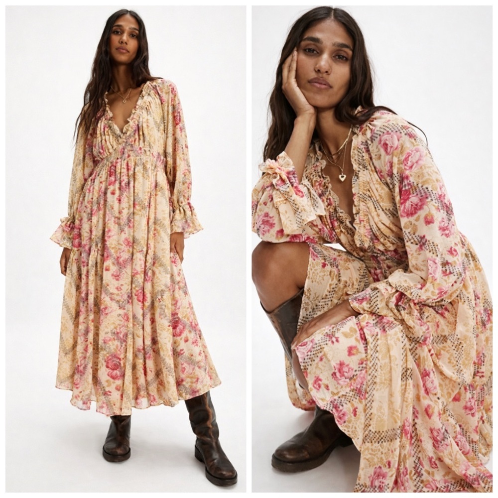 Free People Lena Midi Dress Floral Boho Bohemian Long Sleeve Ruffle XS